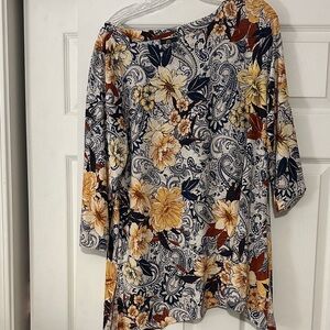 Floral Paisley Boatneck Tunic Top - Yellow Navy